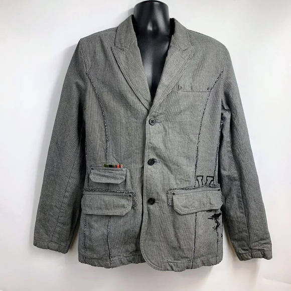 Triple Five Soul Men's Herringbone Plaid Eagle PRint 3 Button Jacket SIze L - Picture 1 of 13